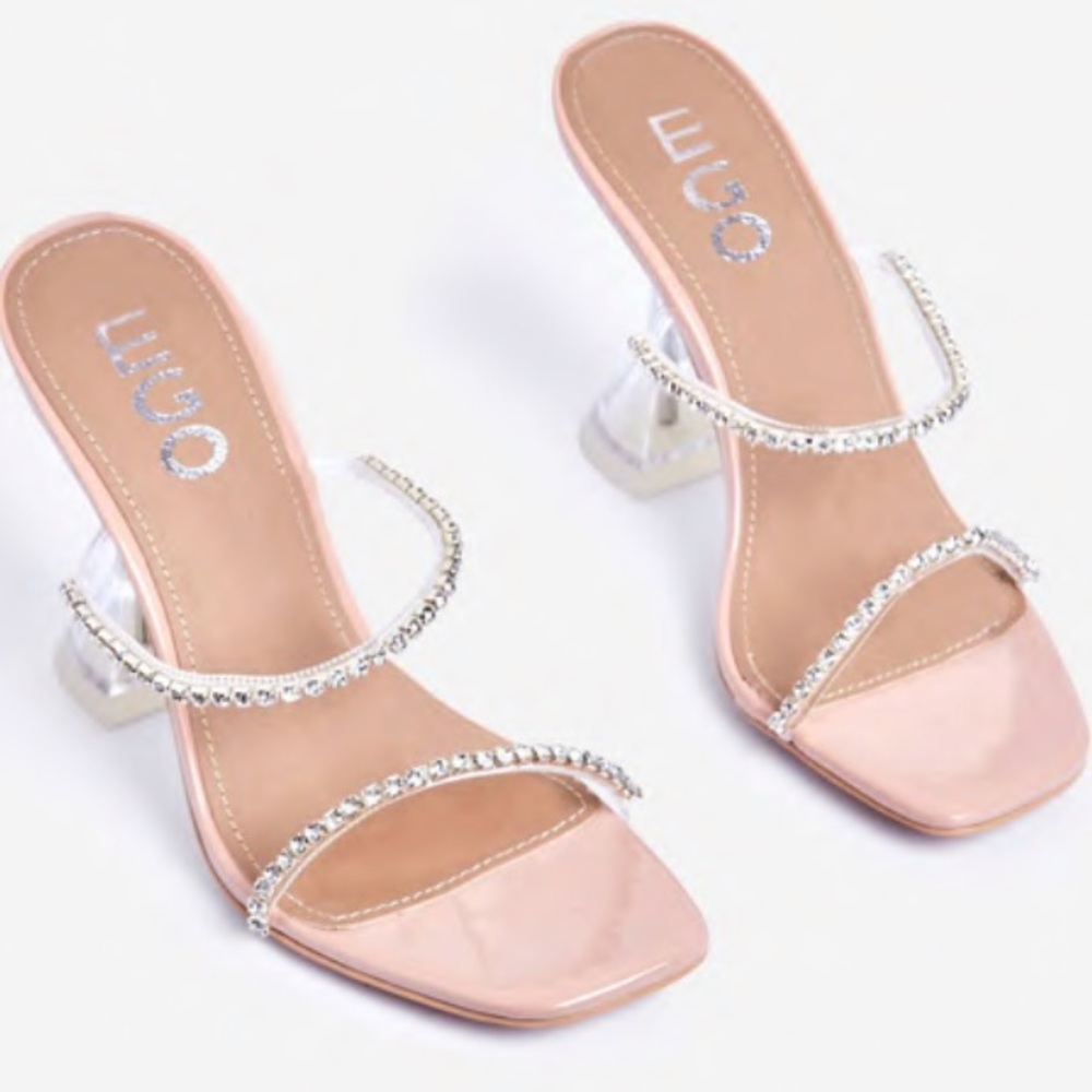 Dreams Diamante Clear Pyramid Mule In Nude Patent